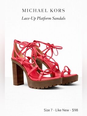 Michael Kors Lace-Up Platform Sandals Pink Chunky Heel Strappy